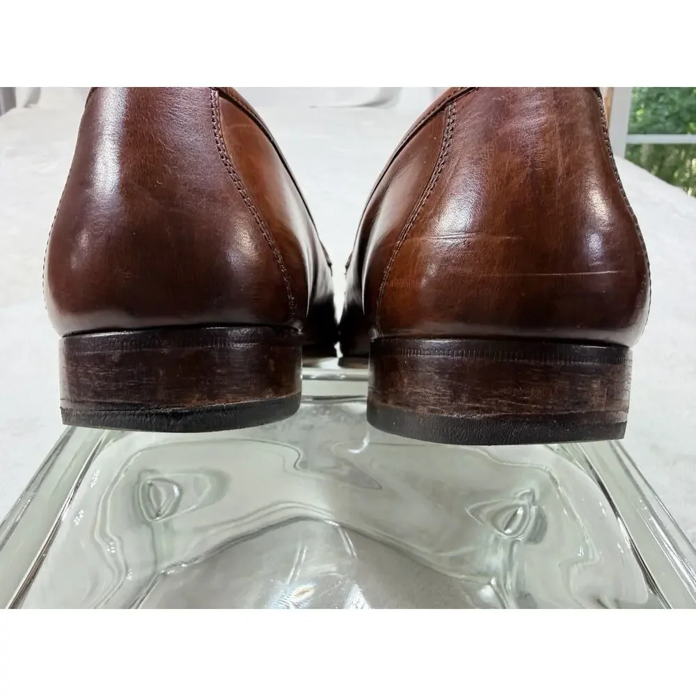 VTG Johnston & Murphy Italy Woven Leather Tassel Loafers Mens SZ 9 M Cognac